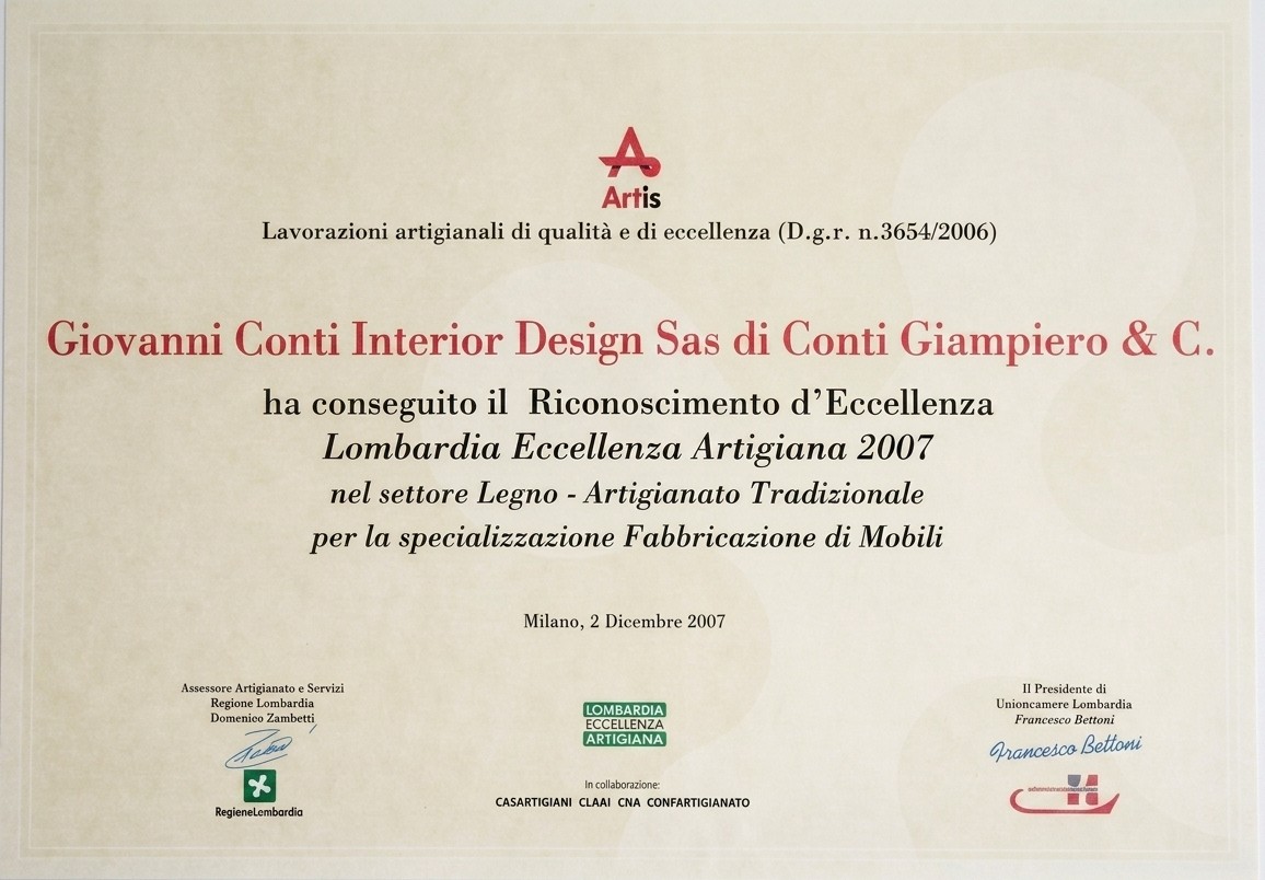 Riconoscimento Artis Lombardia Eccellenza Artigiana 2007 a Giovanni Conti Interior Design