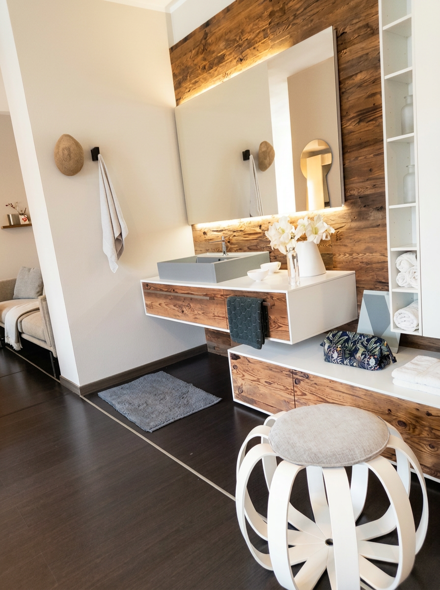 Bagno con mobile in legno di recupero