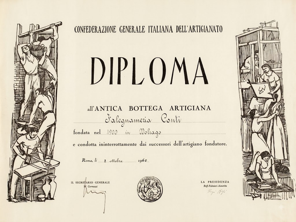 Diploma della Confederazione Generale Italiana dell'Artigianato all'Antica Bottega Artigiana Falegnameria Conti