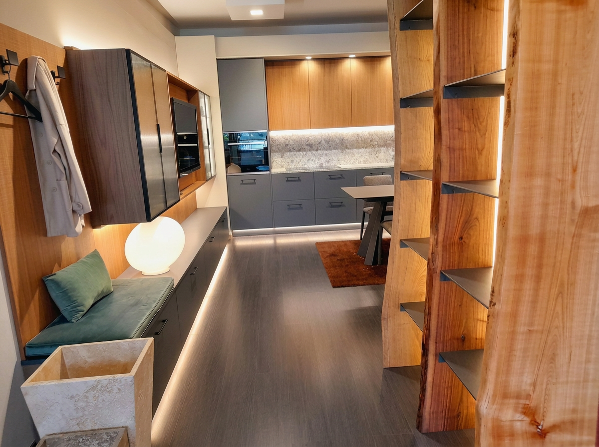 Cucina in noce con libreria in legno vivo