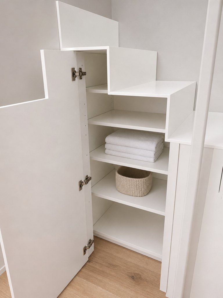 Vano sottoscala con ripiani a giorno e contenitore laccato — Giovanni Conti Interior Design
