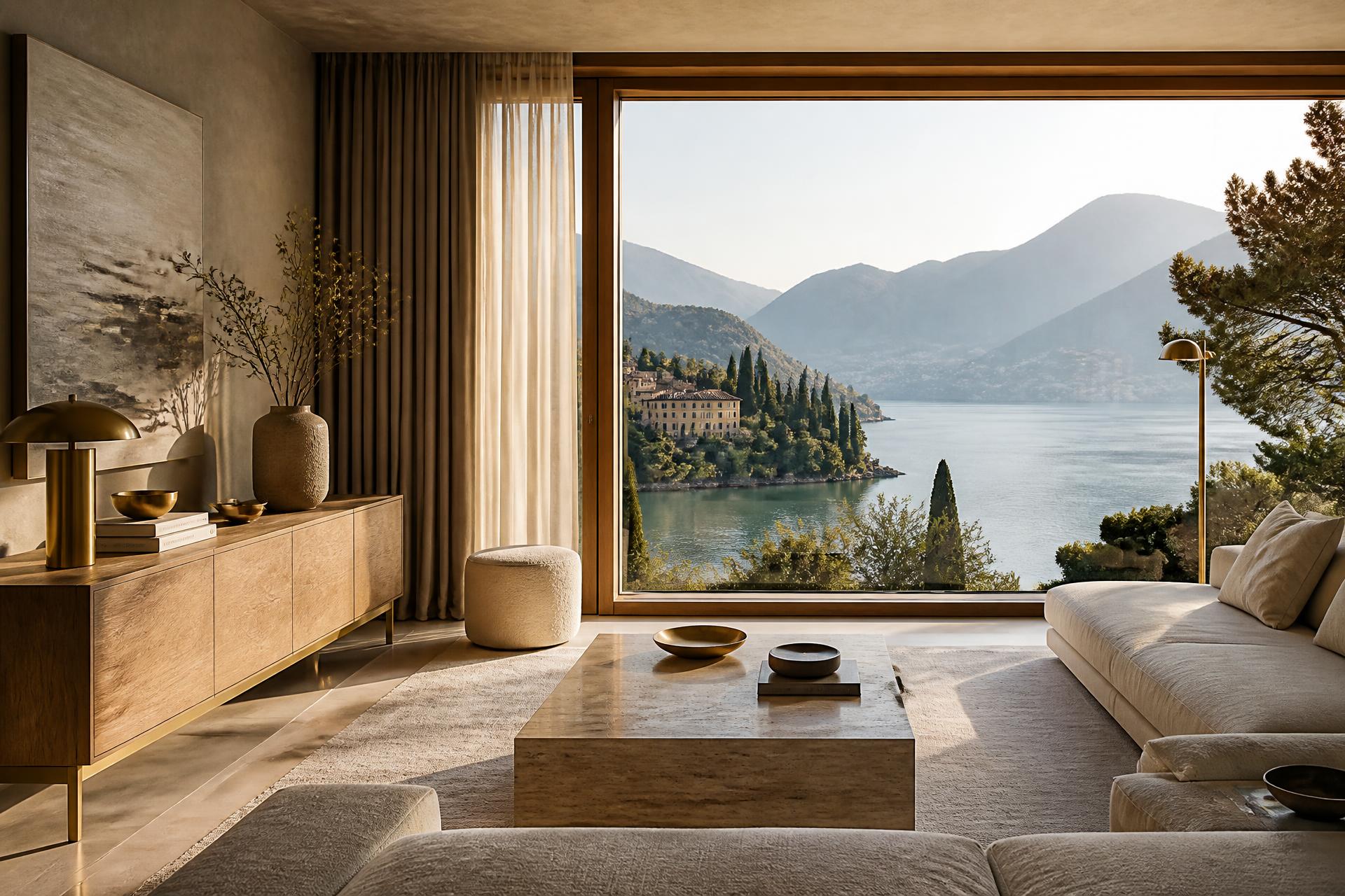 Living su misura in rovere e travertino con vetrata sul Lago di Como verso Bellagio