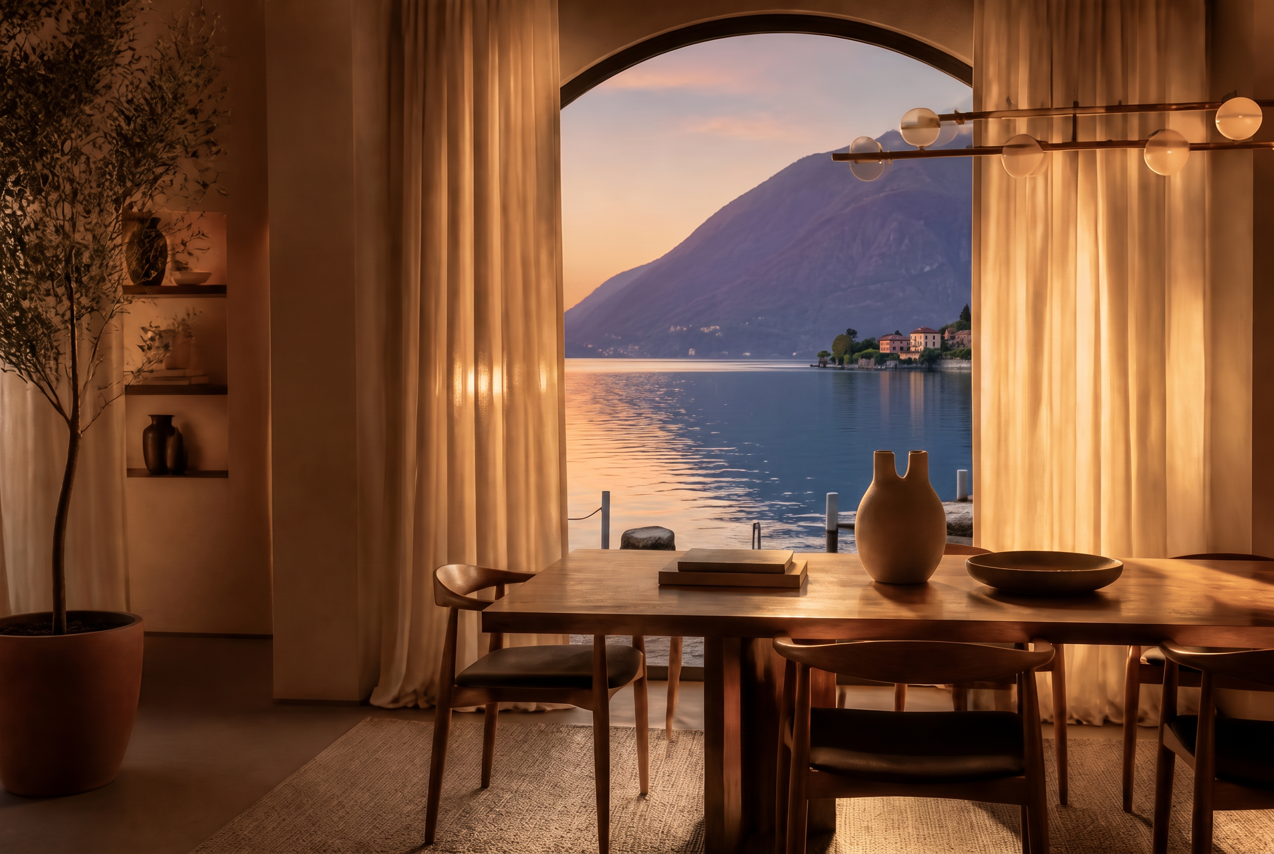 Zona pranzo su misura in noce con arco affacciato su Varenna e il Lago di Como al tramonto